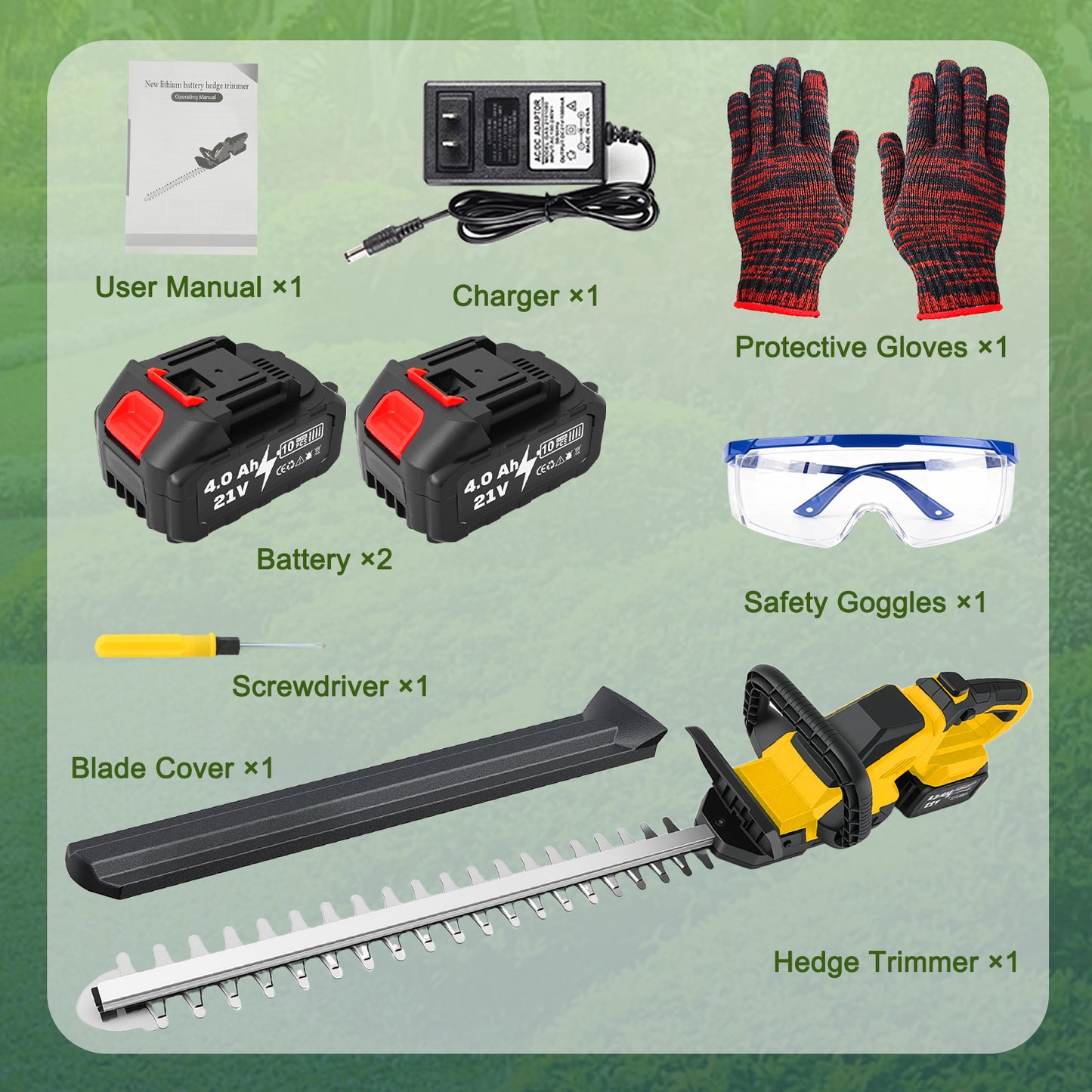 Baokaler 22" Cordless Hedge Trimmer, 21V Dual Action Blade Electric Bush Shrub Trimmer, 4.0Ah Battery & Charger, Yellow
