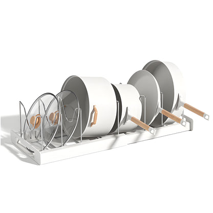 BAOKALER Expandable Pan Organizer with 12 Adjustable Shelves, Multifunctional Pots and Pans Organizer Rack for Kitchen Cabinets, Stainless Steel Lid Holder, White
