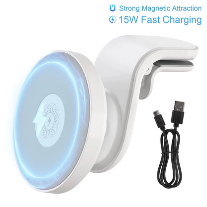 Magnetic Car Mount Charger for Mag-Safe,15W Fast Wireless Car Charger, 360¡ã Rotating Magnetic Phone Holder for Car Air Vent, Compatible with iPhone 17 16 15 14 13 12,Car Accessories,White