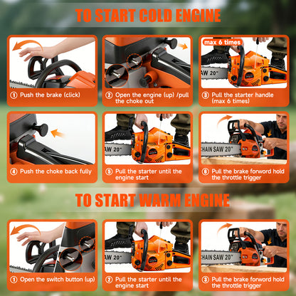 BAOKALER Cordless Gas Chainsaw 20-Inch 62CC, 2-Stroke Engine for Wood Cutting, EPA Certified with 2 Chains, Orange