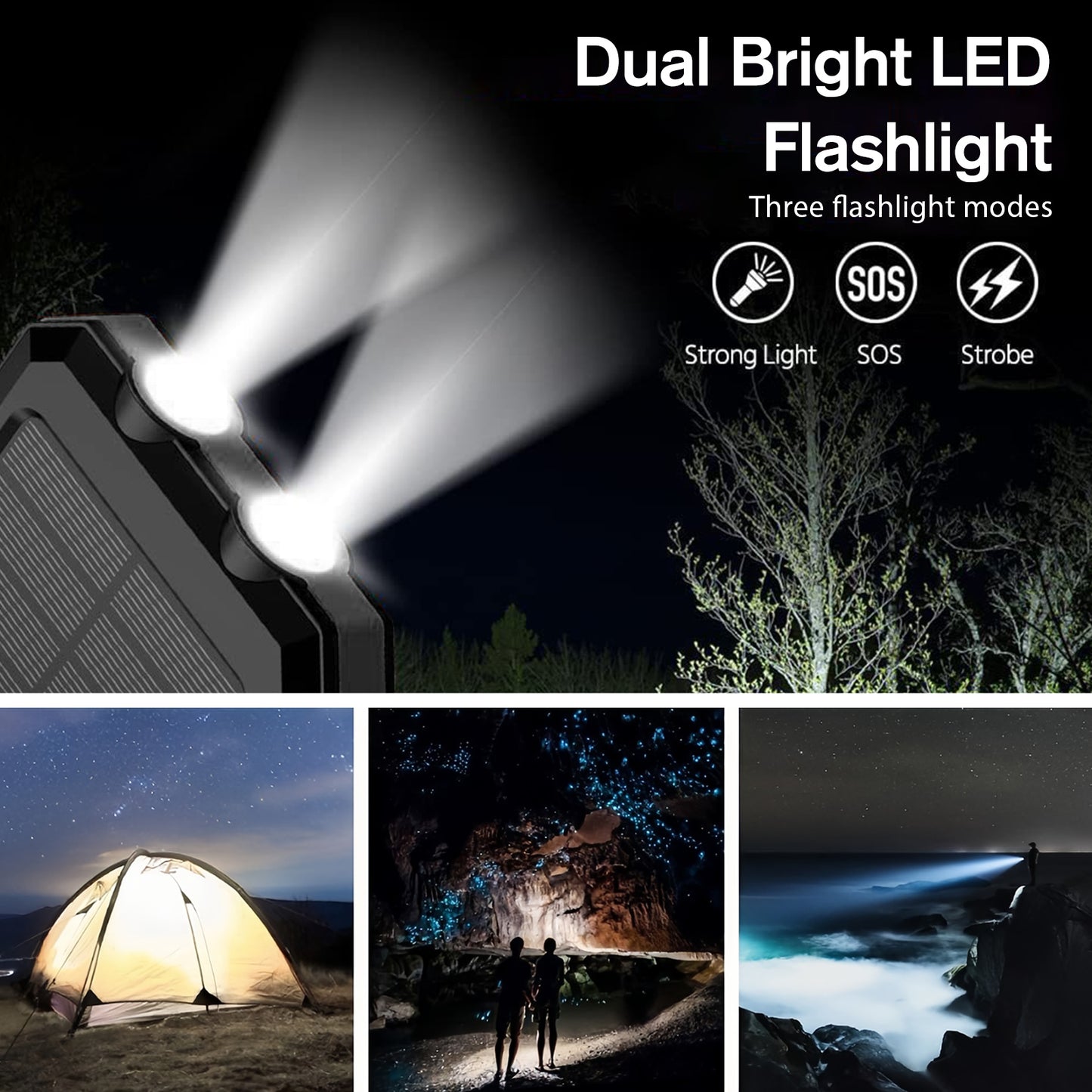 2PK BAOKALER 30000mAh Solar Charger for Cell Phone iPhone, Portable Solar Power Bank with Dual 5V USB Ports, 2 Led Light Flashlight, Compass Battery Pack for Outdoor Camping Hiking(Black)