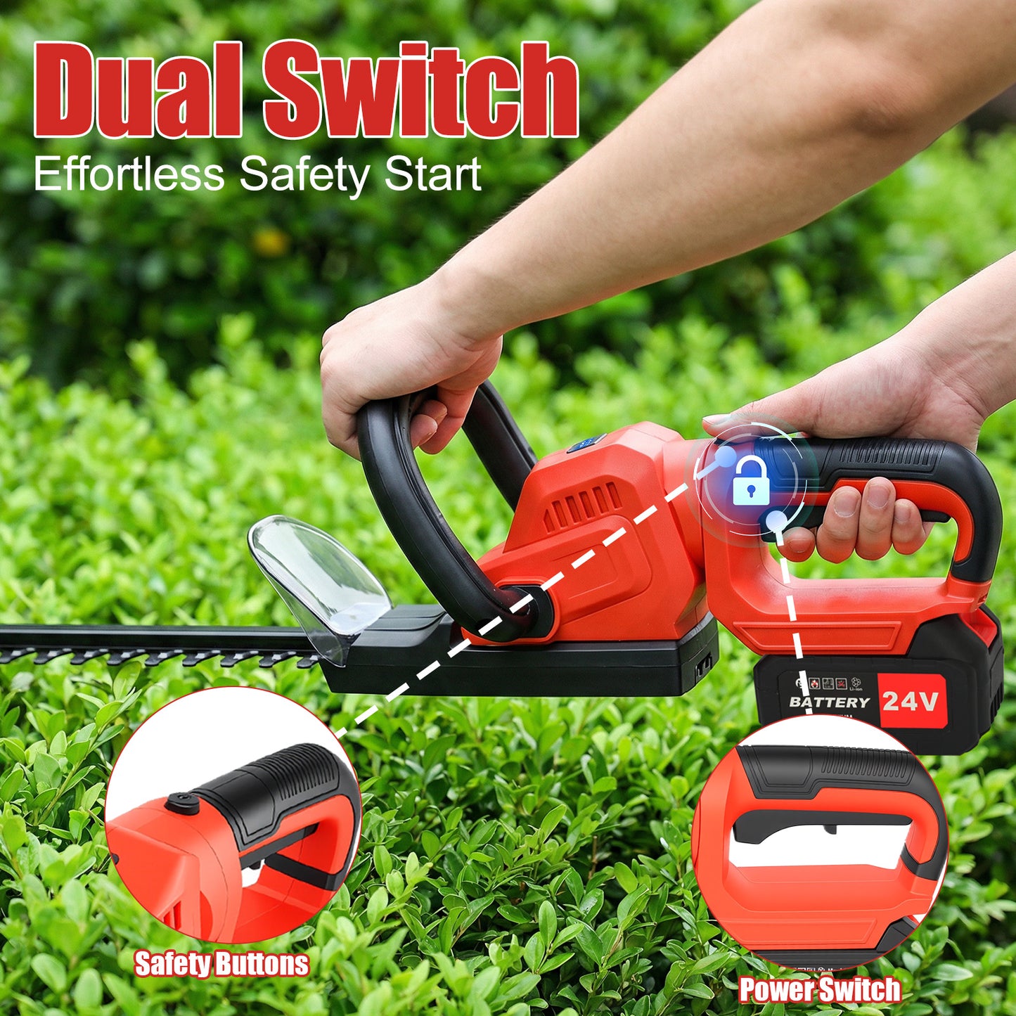 22" Cordless Hedge Trimmer, 21V Electric Hedge Trimmer with 2 x 4000mAh Batteries and Charger, Hedge Trimmer Cordless for Cutting and Trimming Bushes and Shrubs, Red