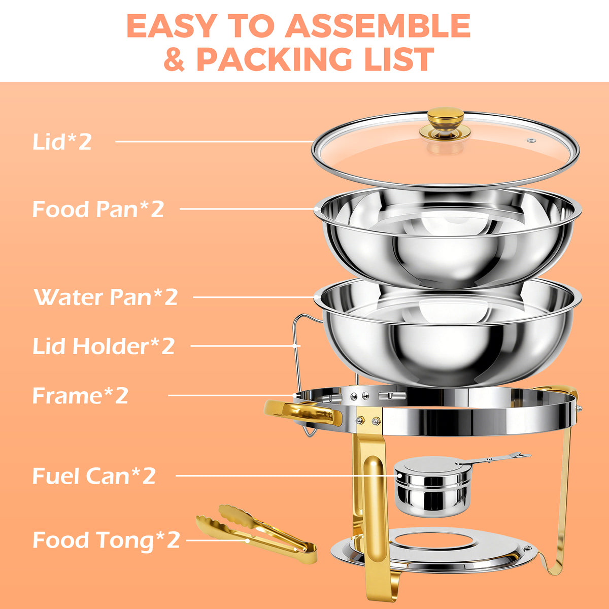 BAOKALER Chafing Dishes for Buffet 4 Pack, 5.3QT Round Chafing Dish Buffet Set for Parties, Gold Stainless Steel Buffet Servers and Warmers with 4 Serving Tongs