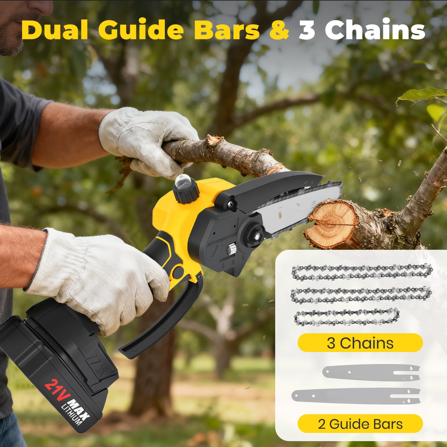Mini Chainsaw Cordless, 6 inch & 4 inch Portable Electric Chainsaw with 2 Rechargeable Batteries and 3 Chains, for Tree Trimming Wood Cutting, Best Gifts for Father, Dad, Husband, Men, Yellow
