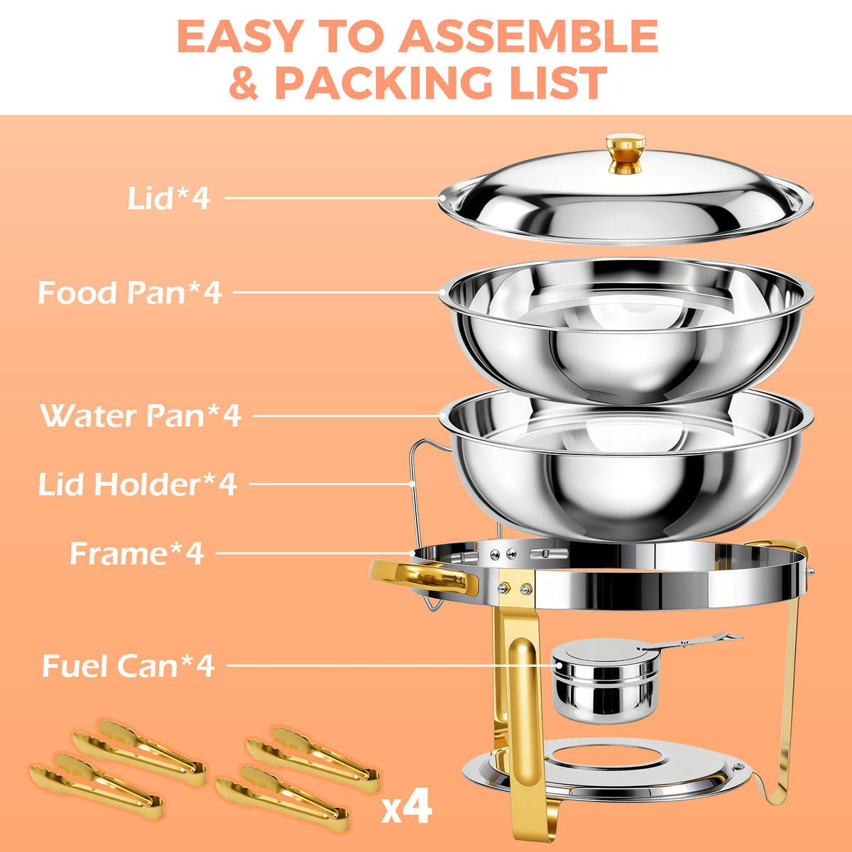Chafing Dish Buffet Set with 4 Food Tongs, 6 QT Stainless Steel Chafing Dishes Round Buffet Food Warmer Chafers Set for Parties Catering Event, Lid Holder 4PCS