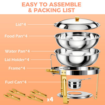 Chafing Dish Buffet Set with 4 Food Tongs, 6 QT Stainless Steel Chafing Dishes Round Buffet Food Warmer Chafers Set for Parties Catering Event, Lid Holder 4PCS