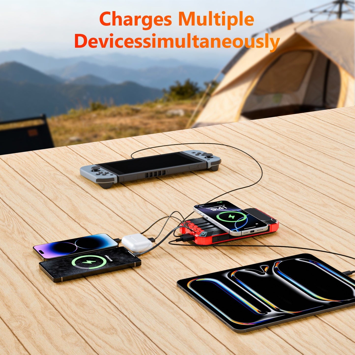 Power Bank Wireless Charger 46800mAh Built in 4 Cables Six Outputs 15W Fast Charging Power Bank for All Mobile Devices Three Inputs Solar Portable Charger with Dual Flashlights, Carabiner(Red)
