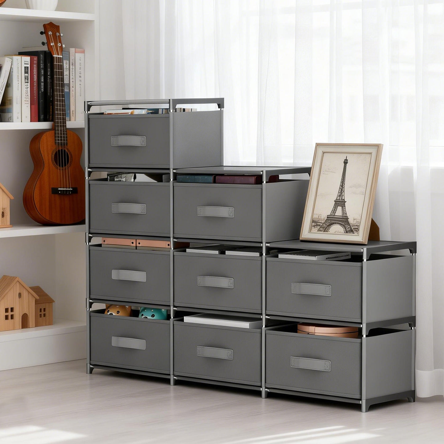 BAOKALER Non-Woven Fabric Multi-Functional Storage Cabinet, 9-Drawer Open Storage Shelf, 10.24×47.24×34.65 Inches, for Bedroom, Living Room, Hallway, Gray