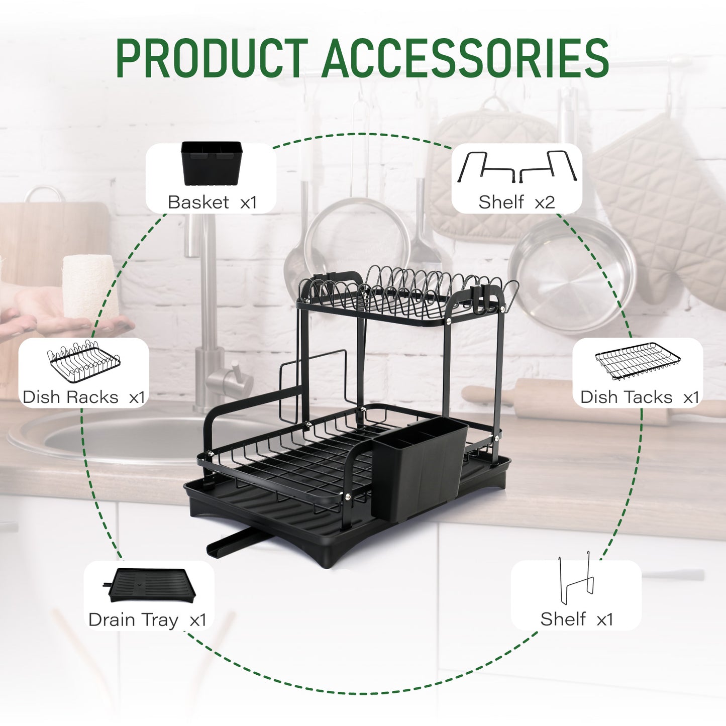 2-Tier Dish Rack for Kitchen, Dish Drying Rack with Drain Board Tray, Compact Dishing Rack with Utensil Holder, Cutting Board Holder, Kitchen Dishes Storage and Organizers