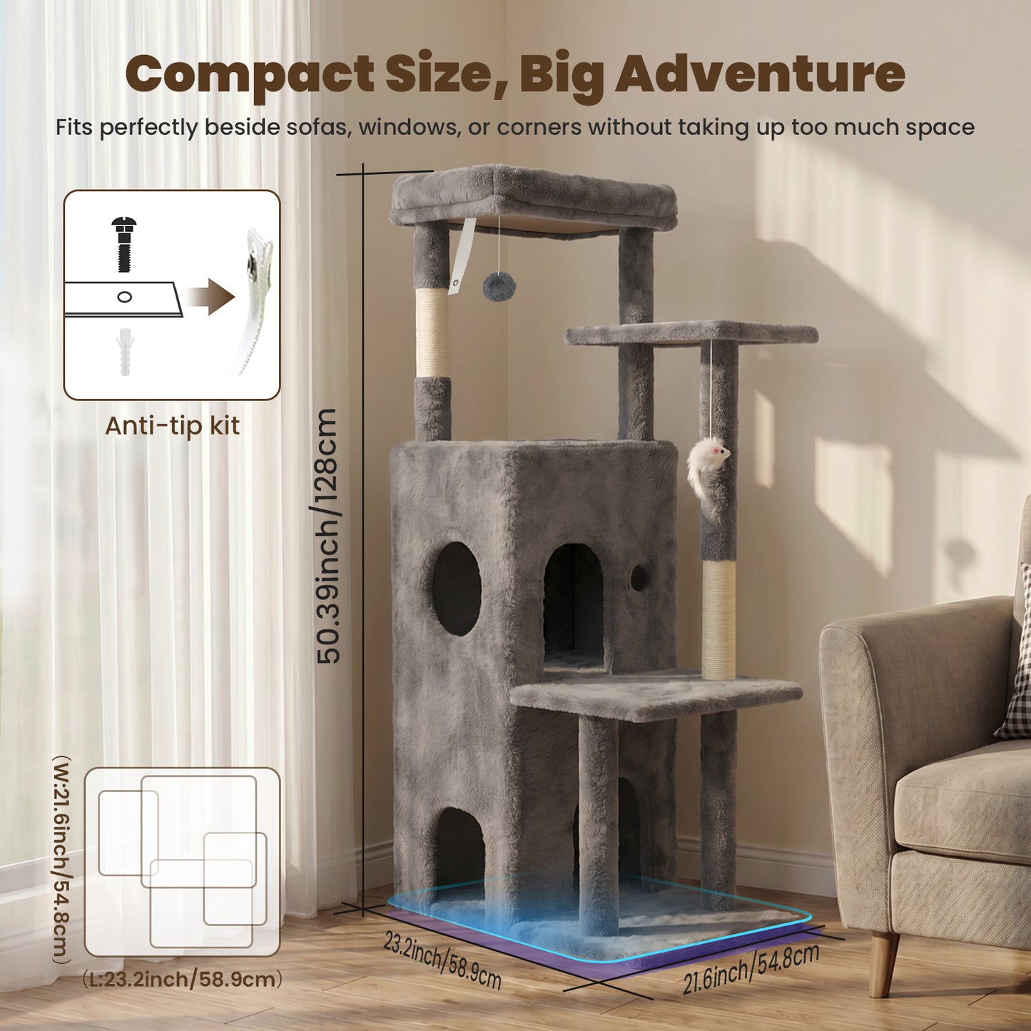 50-inch Cat Tree for Large Cats - Tall Cat Tree Tower with Sisal Scratching Posts & Dangling Toys for Indoor Cats , Dark Gray