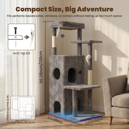 50-inch Cat Tree for Large Cats - Tall Cat Tree Tower with Sisal Scratching Posts & Dangling Toys for Indoor Cats , Dark Gray