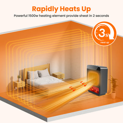Indoor 1500W 3D Dynamic Flame Tabletop Heater with Safety Protection & Timer, Low-Noise Ceramic Heater Fan for Bedroom, Office, and Indoor Use