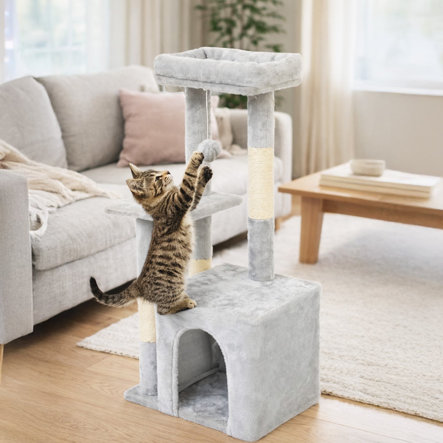 Cat Tree, Multi-Level Cat Tree Tower, Indoor Activity Center with Sisal Scratching Posts, Condos, Plush Perches, Hanging Cat Toys, Gray
