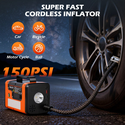 Portable Car Jump Starter with Air Compressor, 8-in-1 Car Battery Chargers with Cordless Handheld Vacuum (8.0L Gas&6.0L Diesel)Jumper Box with 150PSI Tire Inflator, 12V Battery Booster, Holiday Gifts