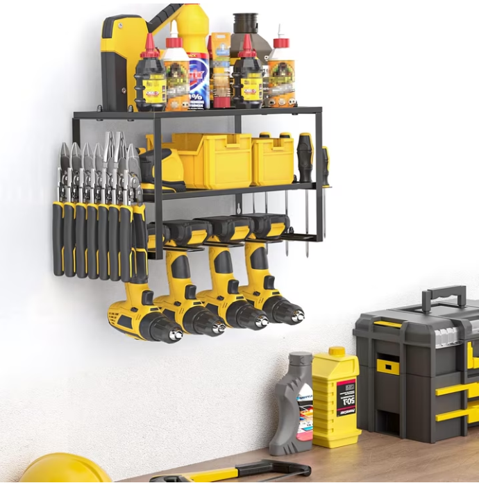 CATGOOD Power Tool Organizer, 3 Layers Storage Rack with 4 Drill Holders, Heavy Duty Metal Floating Tool Shelf Garage Wall Mounted, 180Lbs Load Capacity