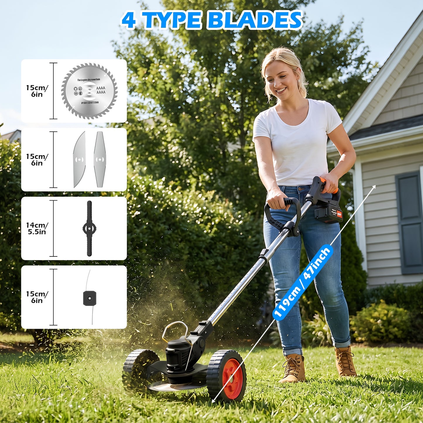 Weed Eaters, Cordless Weed Trimmer with Wheels, 2Pcs 4000mAh Batteries, Adjustable Length, 650W Grass Trimmer/Edger/Brush Cutter for Lawn Yard Garden Maintaining (Black)