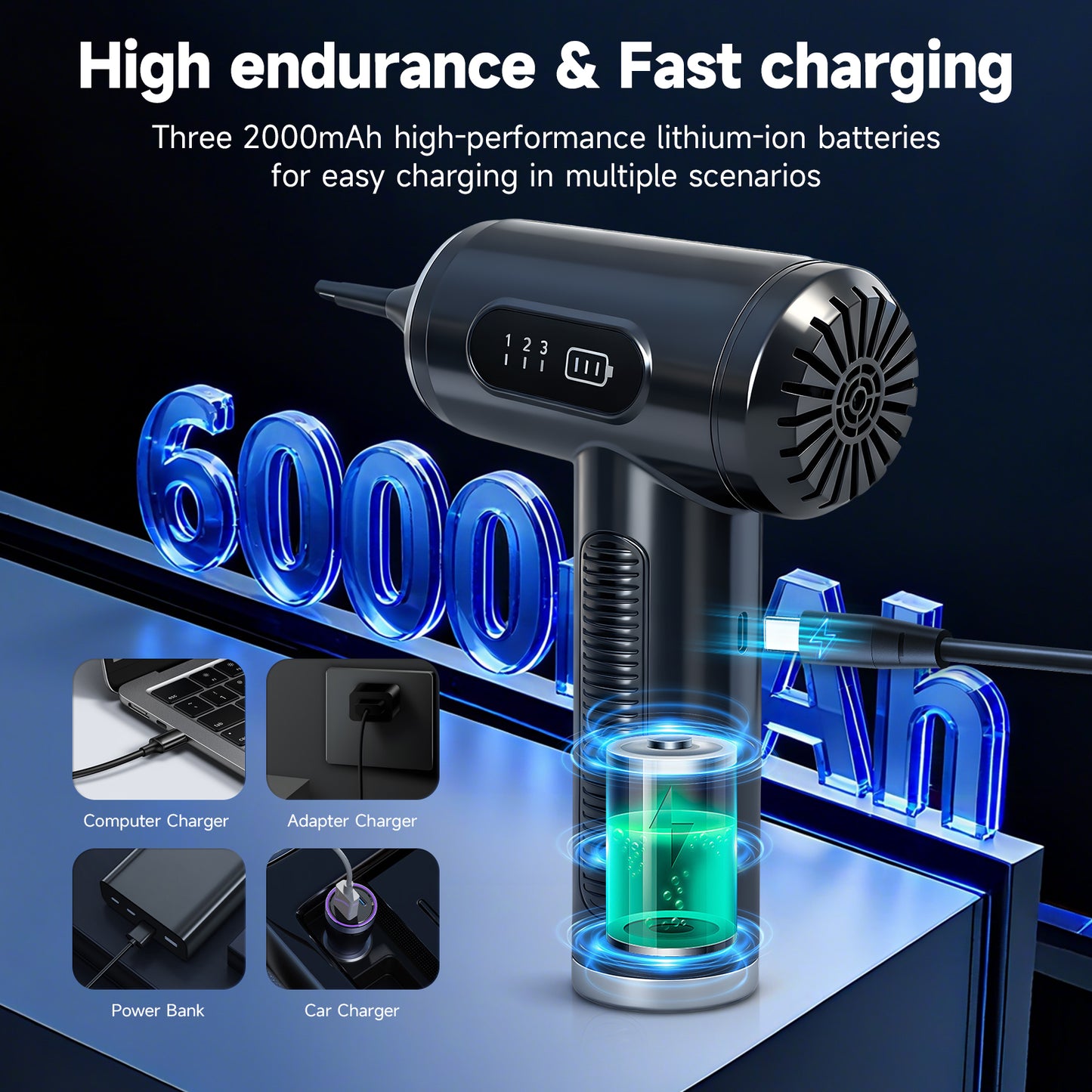 Compressed Air Duster, 120000RPM Mini Vacuum Cleaner Cordless, 3 Gear Adjustable Electric Air Duster/Car Vacuum Cleaner, Keyboard Duster with LED Light 13 Kits Air Blower for Computer