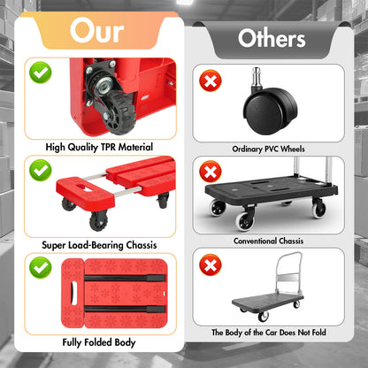 BAOKALER Folding Hand Truck, Heavy Duty Dolly Cart, Push Dolly Cart Foldable Platform with 6 Wheels, Red