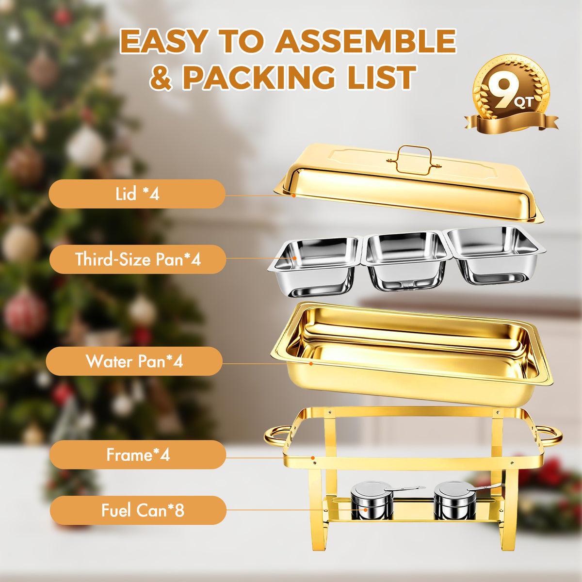 Gold Chafing Dish Buffet Set 4 Pack, 9QT Rectangular Stainless Steel Chafing Dishes with 3 Compartments, Party Food Warmer Buffet Set for Buffet Restaurants, Hotel Dining, Banquets