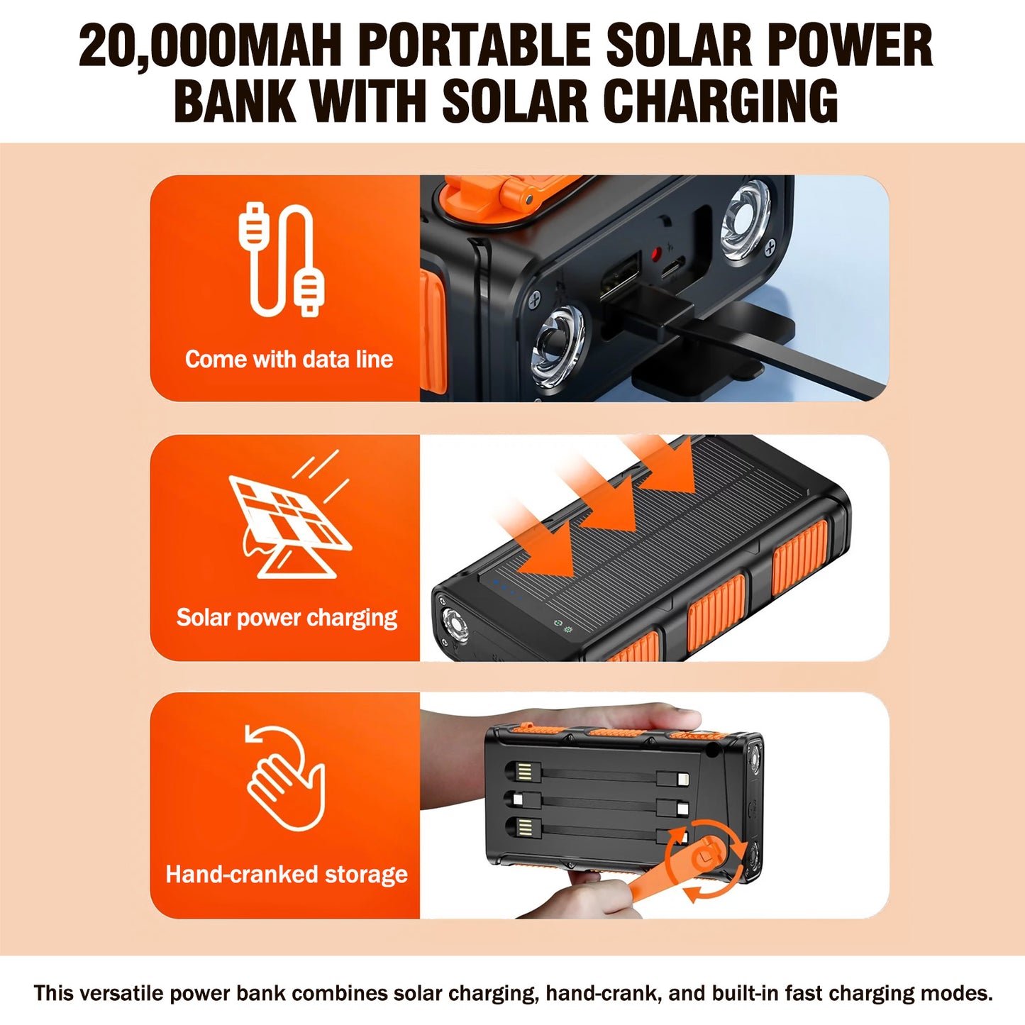 Solar Charger Power Bank 49800mAh, Portable Charger with Dual Outputs & Dual Inputs 2 LEDs Flashlight, Hand Crank Power Bank Fast Charging Battery Pack for Outdoor Camping Survival Gear