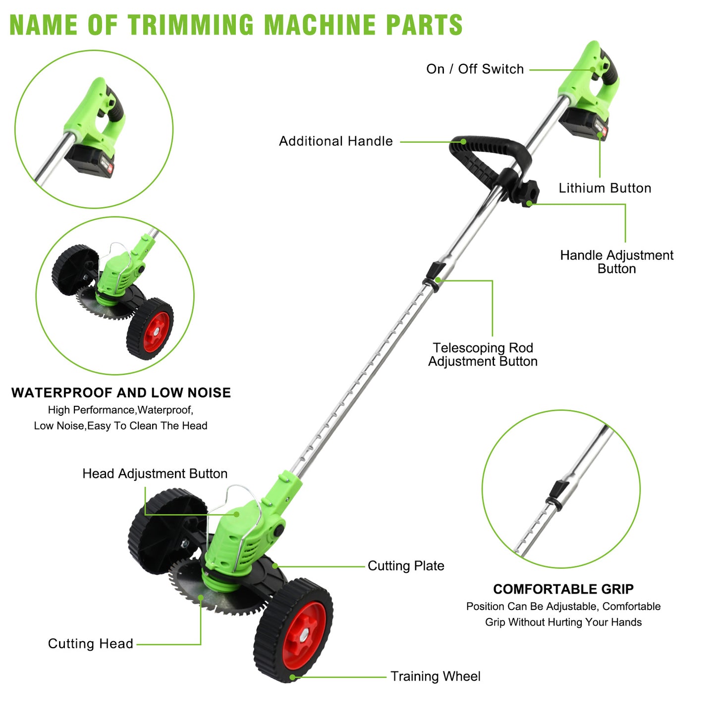 24V 650W Electric Grass Trimmer With Battery, Cordless Weed Eater with Wheels, Electric Weed Wacker, Lawn Mower Cordless Pruning Cutter Weed Wacker Garden Trimming Tool