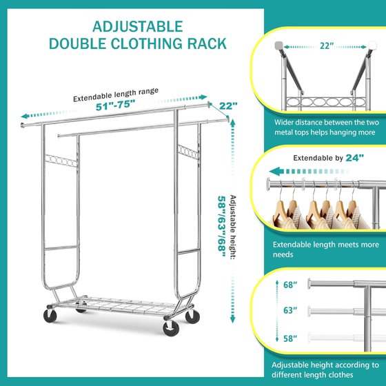Baokaler 620 lbs Heavy Duty Garment Rack with Shelves Collapsible Clothing Racks on Wheels Rolling Clothes Rack for Hanging Clothes Portable Adjustable, Chrome Finish