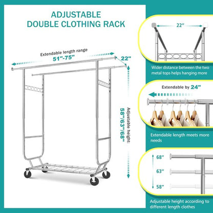 Baokaler 620 lbs Heavy Duty Garment Rack with Shelves Collapsible Clothing Racks on Wheels Rolling Clothes Rack for Hanging Clothes Portable Adjustable, Chrome Finish