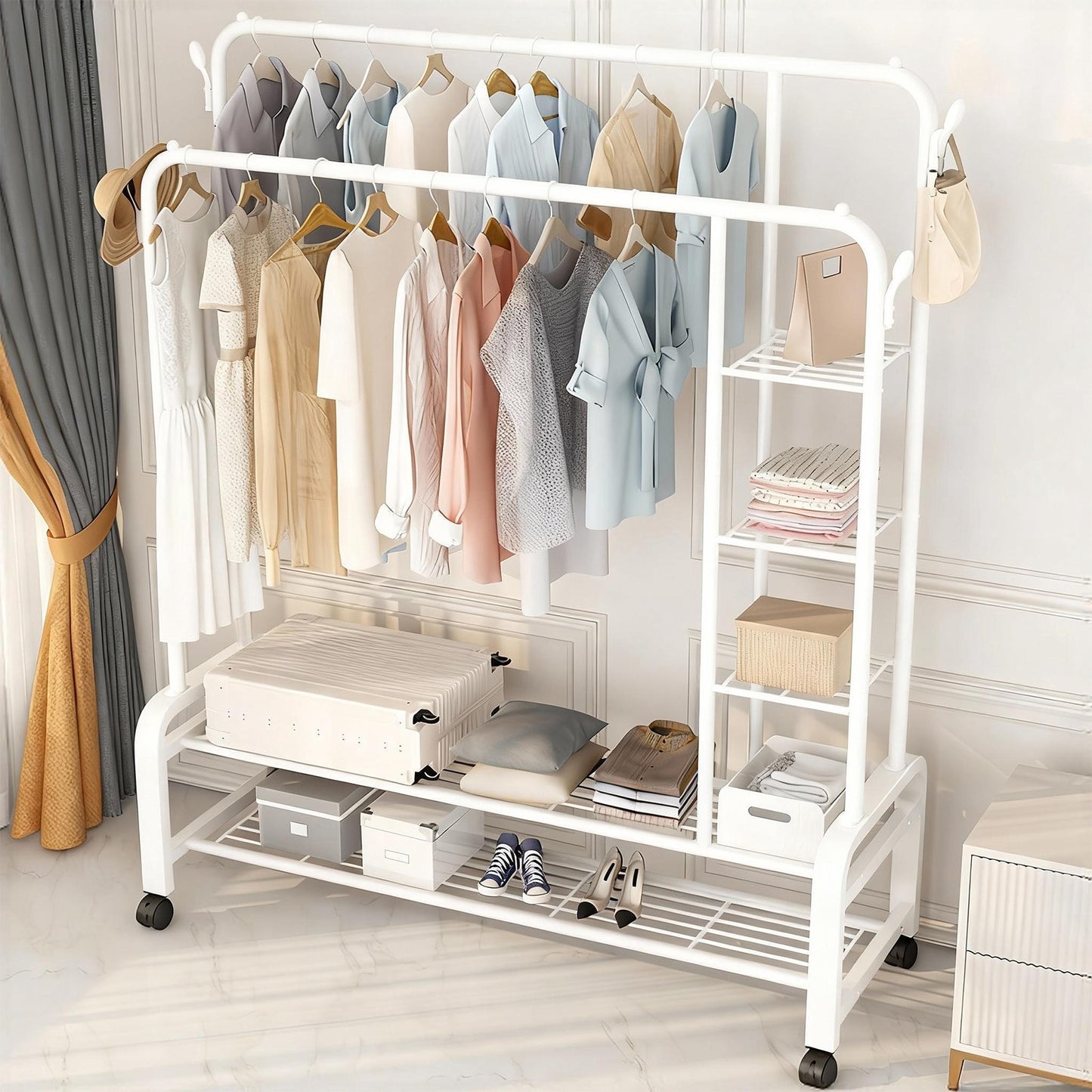 Clothes Rack with 4 Shelves, 3 In 1 Double Rods Metal Clothing Rack with Wheels & 4 Hooks, Portable Heavy Duty Garment Rack with Double Bottom Shelves, Freestanding Organizer for Bedroom, White