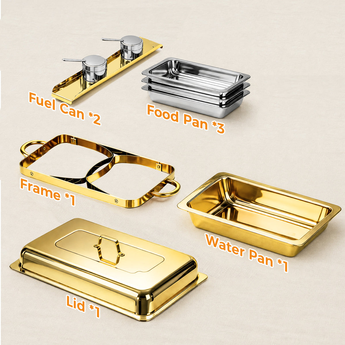 Gold Chafing Dish Buffet Set 1 Pack, 9QT Rectangular Chafing Dishes for Buffet, 3-Compartment Party Food Warmer with Lid & Foldable Frame for Catering Events, Banquets