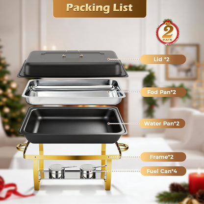 CATGOOD 9QT Black Gold Chafing Dish Buffet Set 2 Pack, Stainless Steel Chafing Dishes for Buffet, Buffet Warmer with Scratch-Resistant Coating, Food Warmers for Parties, Buffet Restaurants