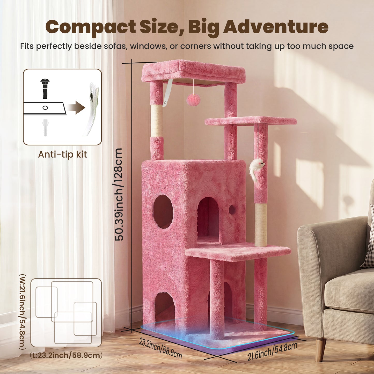 50-inch Pink Cat Tree Tower, Multi-Level Cat Stand with Sisal Scratching Posts & Balls for Playing