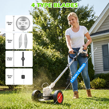 Weed Eaters, Cordless Weed Trimmer with Wheels, 2Pcs 4000mAh Batteries, Adjustable Length, 650W Grass Trimmer/Edger/Brush Cutter for Lawn Yard Garden Maintaining (White)