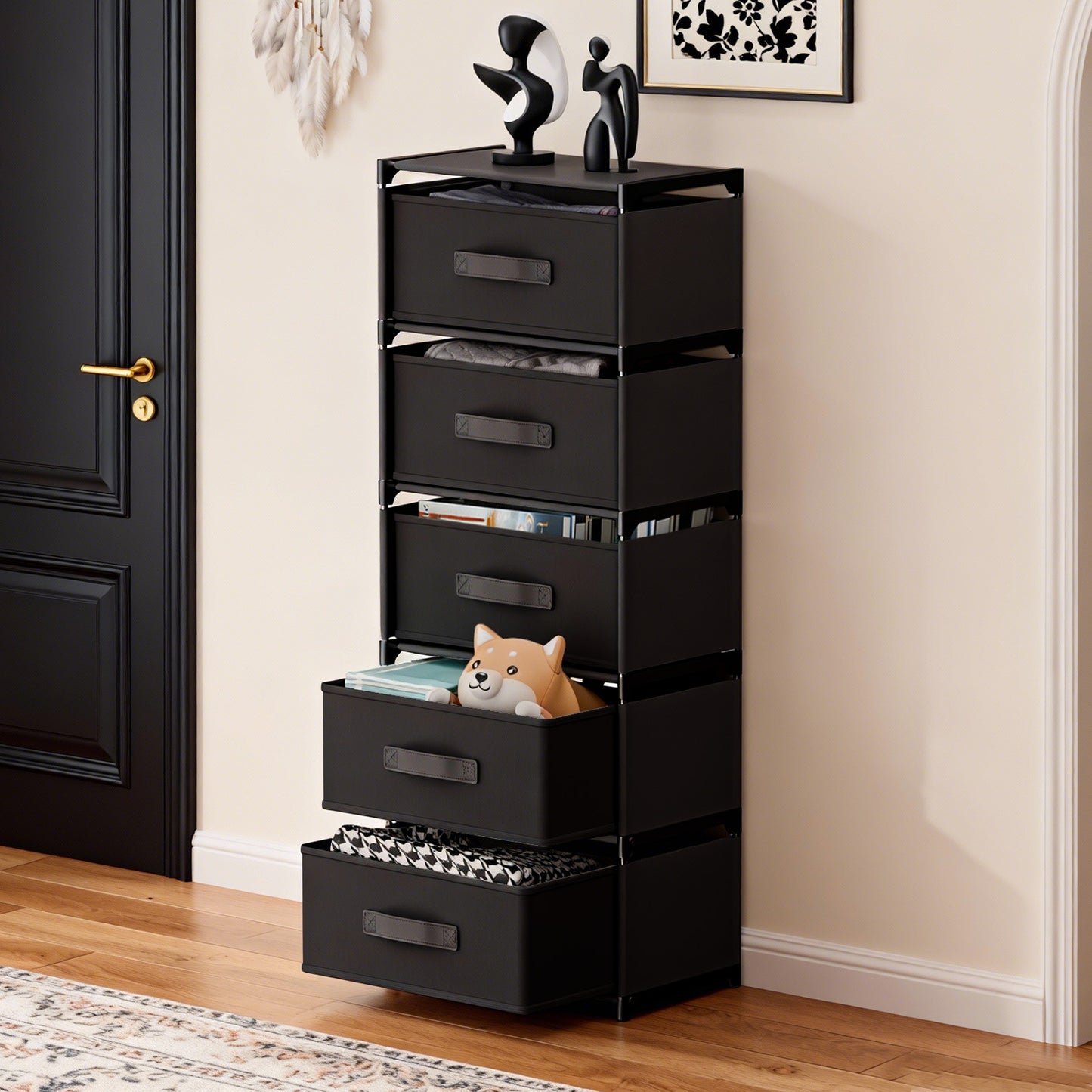 BAOKALER Fabric Dressers for Bedroom with 5 Drawers, Multifunctional Bedroom Storage Cabinet Drawers for Clothes, Small Dresser for Living Room, Hallway, Black