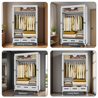 Portable Closet Wardrobe with 3 Storage Drawersfor Home Bedroom, 67 Inches Tall Closet Organizer with Hanging Space for Coats and Bags, turdy & Easy to Assemble, Off-White