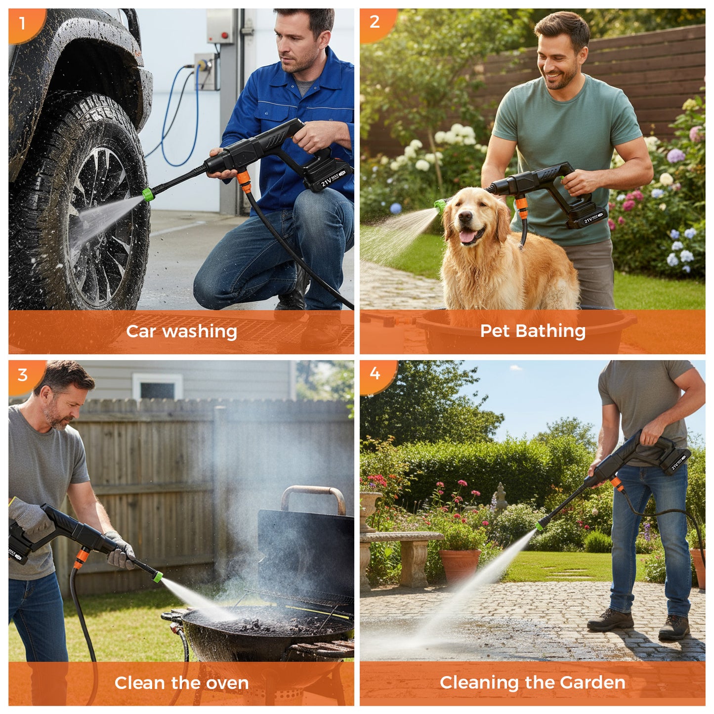 BAOKALER 300W Cordless Pressure Washer, 2.0GPM Portable Power Washer with 6-in-1 Adjustable Nozzle, Power Cleaner with 16.4ft Hose for Cars/Patios
