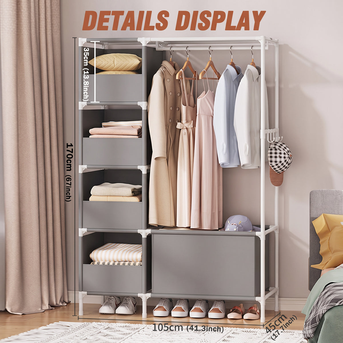 Clothes Rack, Portable Closet, Freestanding Closet Organizer with Curtain, 4 Tier Garment Rack for Bed Room, Gray