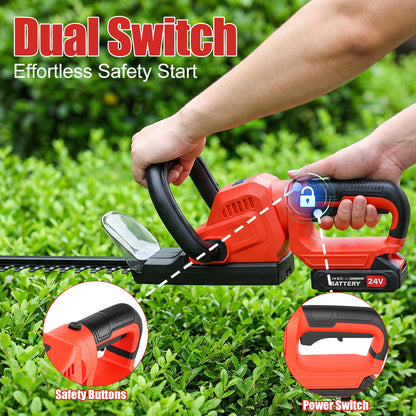 22" Cordless Hedge Trimmer with 180～ Rotatable Head, 21V Electric Bush Trimmer with 2 x 2000mAh Batteries, 1000W 24000r/min Motor, 69Mn Steel Blade for Garden Yard, Red