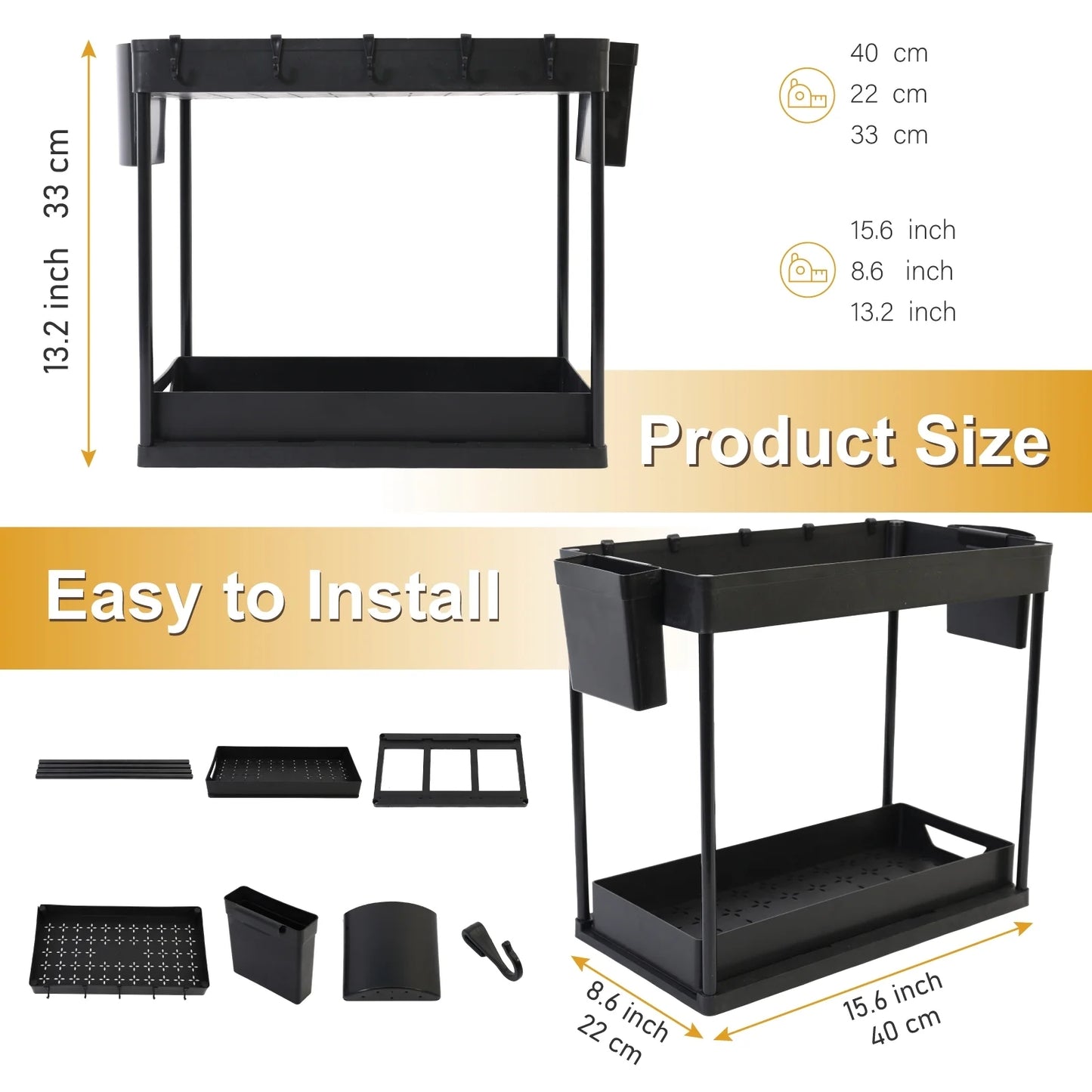 2 PCS Under Sink Organizer Pull-Out, 2-Tier Multifunctional Kitchen Bathroom Organizers and Storage, Under Cabinet Storage for Home, Black