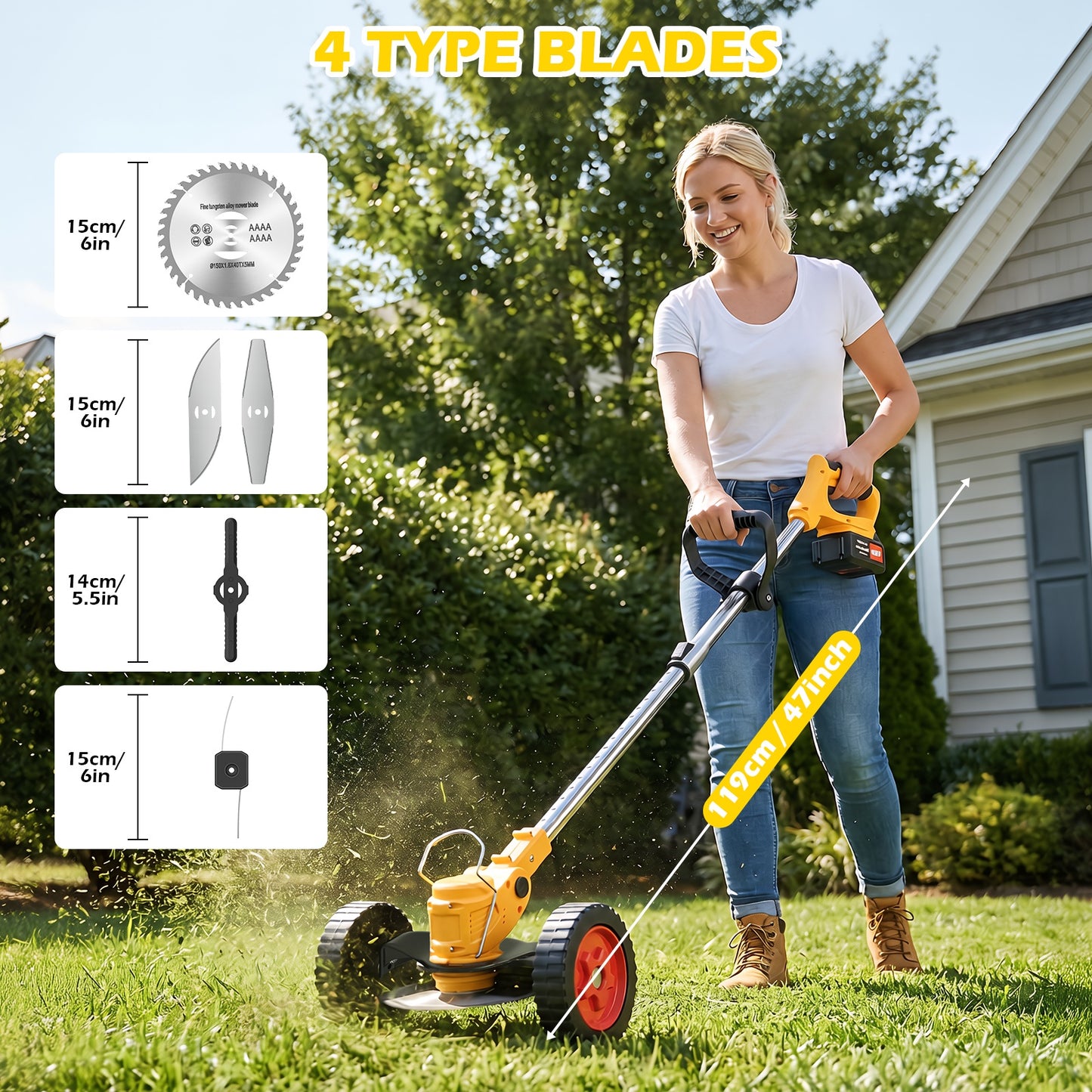 Weed Eaters, Cordless Weed Trimmer with Wheels, 2Pcs 4000mAh Batteries, Adjustable Length, 650W Grass Trimmer/Edger/Brush Cutter for Lawn Yard Garden Maintaining (Yellow)