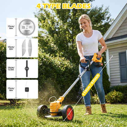 Weed Eaters, Cordless Weed Trimmer with Wheels, 2Pcs 4000mAh Batteries, Adjustable Length, 650W Grass Trimmer/Edger/Brush Cutter for Lawn Yard Garden Maintaining (Yellow)