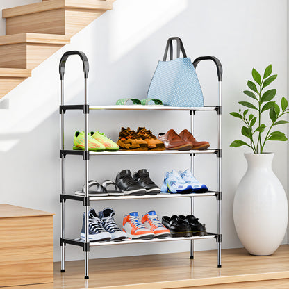 4-Tier Shoe Rack Organizer, Metal Shoe Storage Stand for Entryway, Hallways, Bedrooms, Bathrooms, Offices, and Living Rooms, Silver and Black