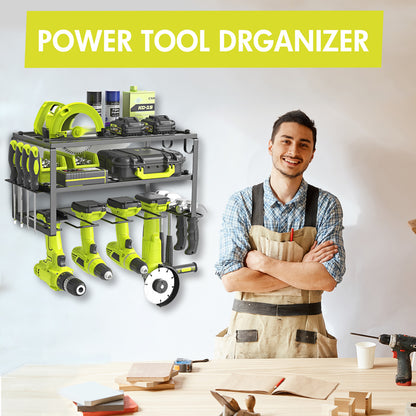 ALSO GO Power Tool Organizer, 3 Layers Storage Rack with 4 Drill Holders, Garage Storage Shelving Wall Mounted, Floating Tool Shelf Wall Mounted