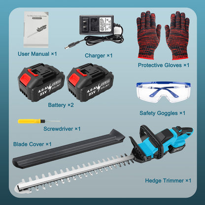 Baokaler 22" Cordless Hedge Trimmer, 21V Dual Action Blade Electric Bush Shrub Trimmer, 4.0Ah Battery & Charger, Blue