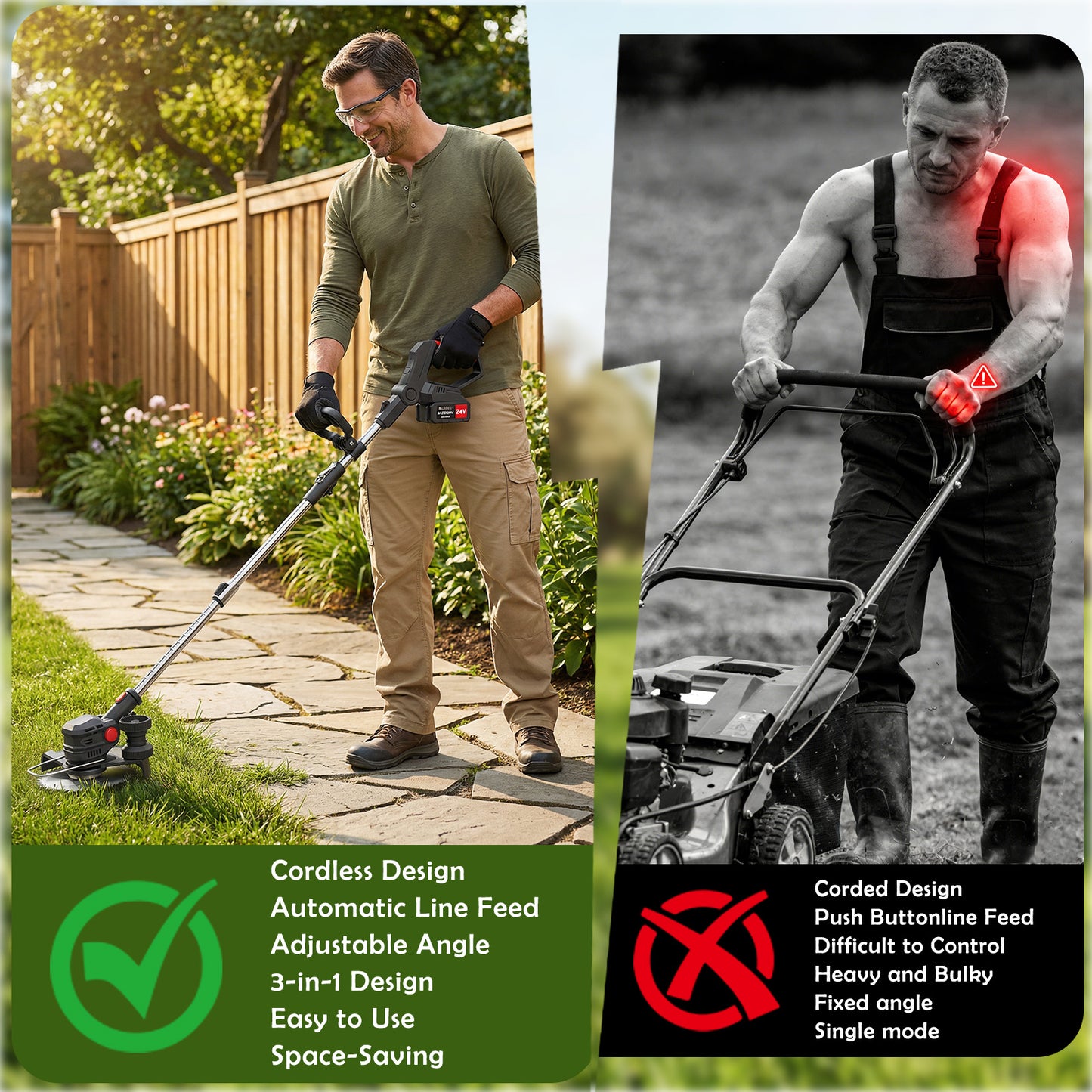 Electric Cordless Weed Eater, 4.0Ah Cordless Weed Wacker String Trimmer, 24V Grass Trimmer with 2 Battery, Charger Included