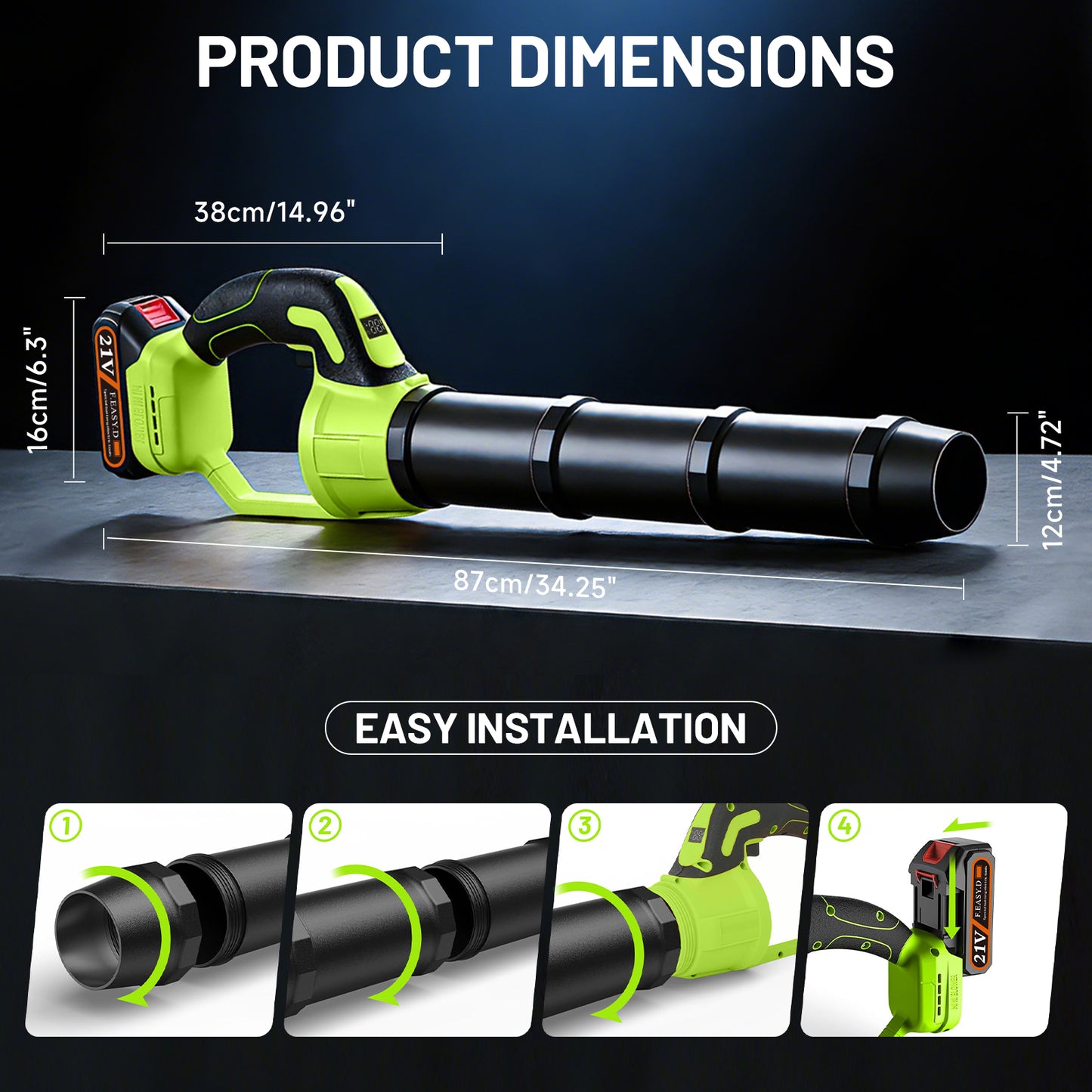 BAOKALER 21V Cordless Leaf Blower 580CFM/180MPH with 3 Batteries, 5-Section Telescoping Tube & Fast Charger Included, Variable Speed, for Yard & Driveway Cleaning, Green
