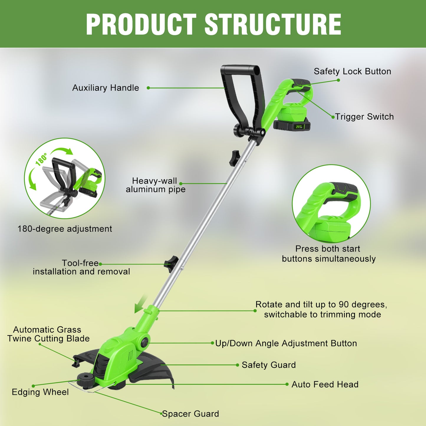 CATGOOD Cordless Weed Wacker, 12 Inch Electric String Trimmer with 10 lines and 2 Batteries, 3-in-1 Lawn Edger with Pivoting Head, Green