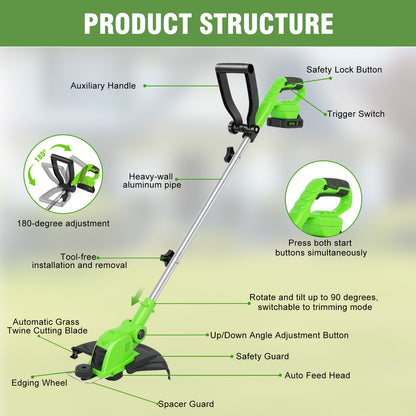 CATGOOD Cordless Weed Wacker, 12 Inch Electric String Trimmer with 10 lines and 2 Batteries, 3-in-1 Lawn Edger with Pivoting Head, Green