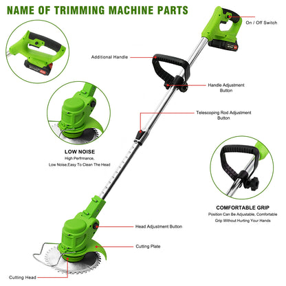Electric 650W Weed Lawn Edger, Battery Weed Eater, Weed Wacker Electric, Cordless Grass Trimmer Cutting Tool & 2 Battery, Weed Trimmer for Yards Garden, Green