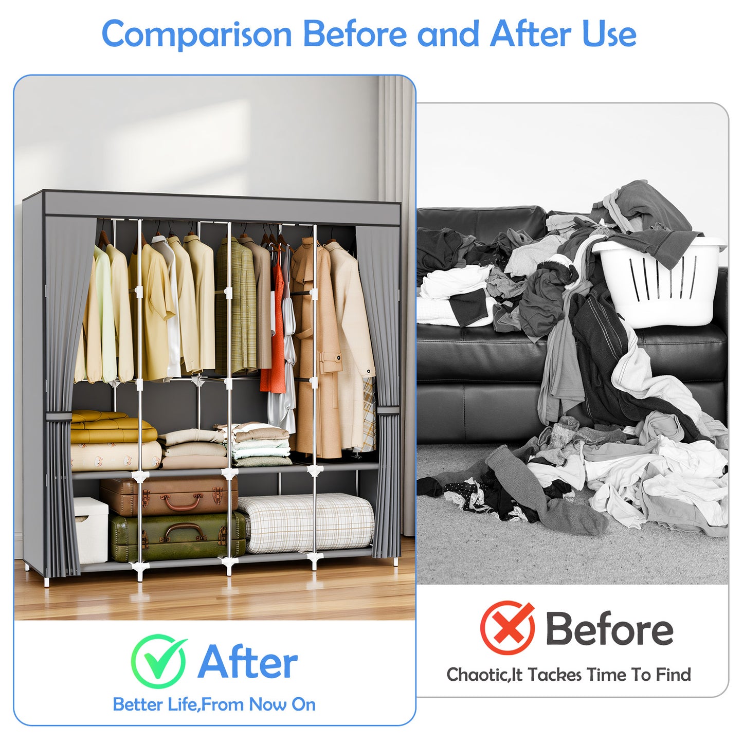 BAOKALER 67-Inch Wide Wardrobe Closet with 4 Hanging Rods & 8 Shelves, Non-Woven Fabric Hanging Closet Organizer, 16mm Steel Tube Clothing Rack for Bedroom, Living Room, Closet, Garage, Dorm, Gray