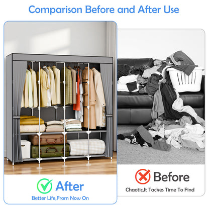 BAOKALER 67-Inch Wide Wardrobe Closet with 4 Hanging Rods & 8 Shelves, Non-Woven Fabric Hanging Closet Organizer, 16mm Steel Tube Clothing Rack for Bedroom, Living Room, Closet, Garage, Dorm, Gray
